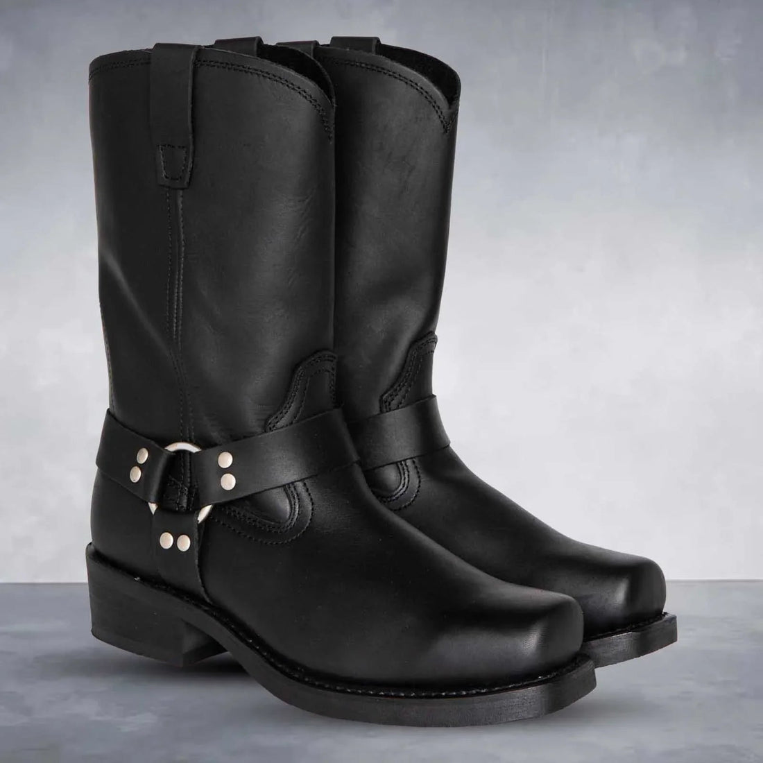 Harness Strap Mid Calf Leather Cowboy Boots
