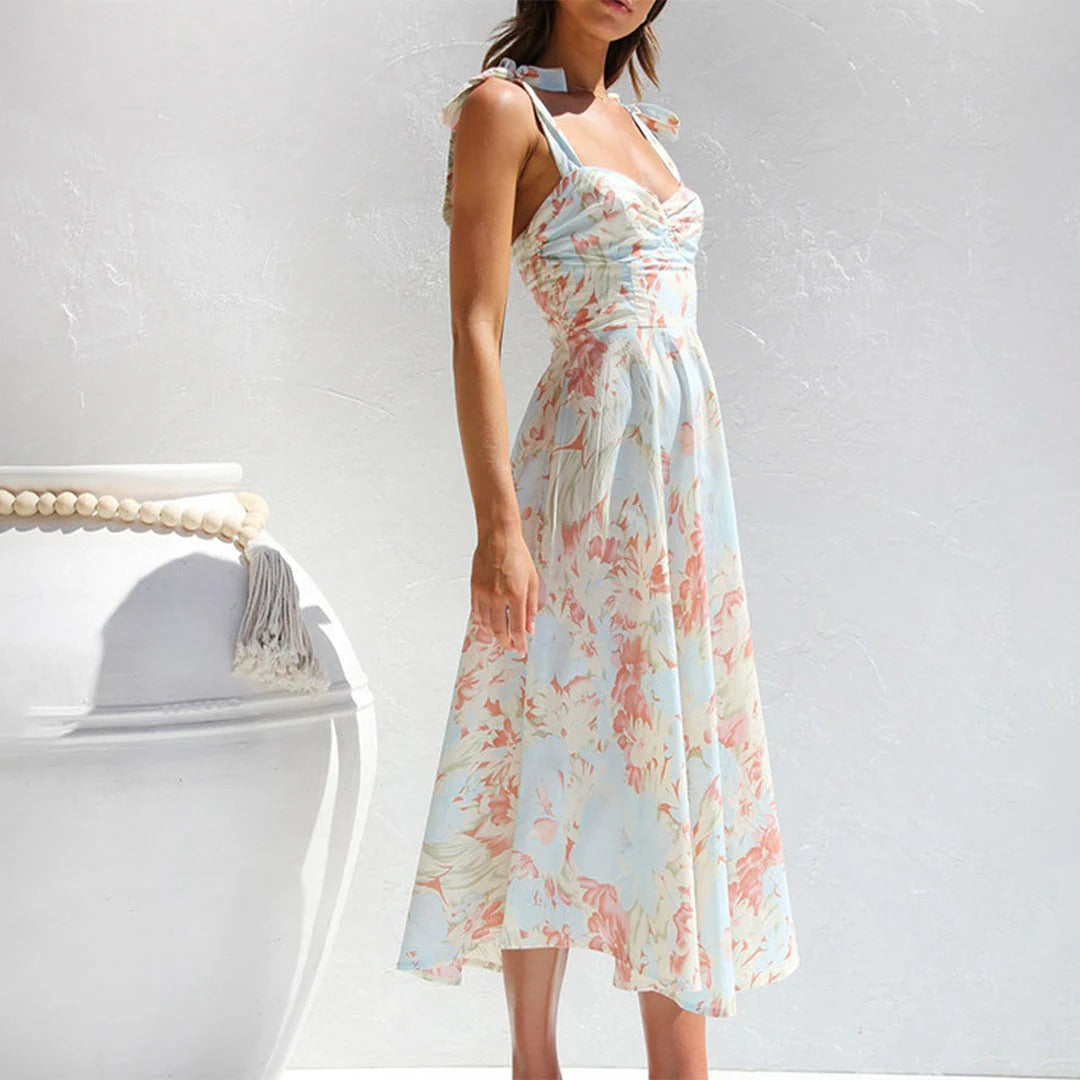 Women's Midi Dress - Floral - Sweetheart Neckline - Tie Straps - Light and Breathable