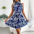 Women's Halterneck Dress - Floral Print - Fitted Waist - A-line Skirt - Short Length