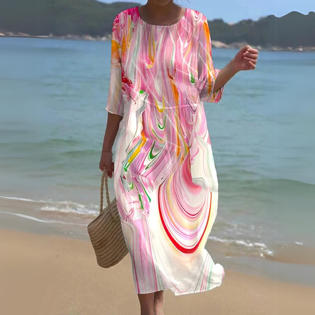 Women's Dress - Floral Midi - Light And Airy - 3/4 Sleeves - Round Neck