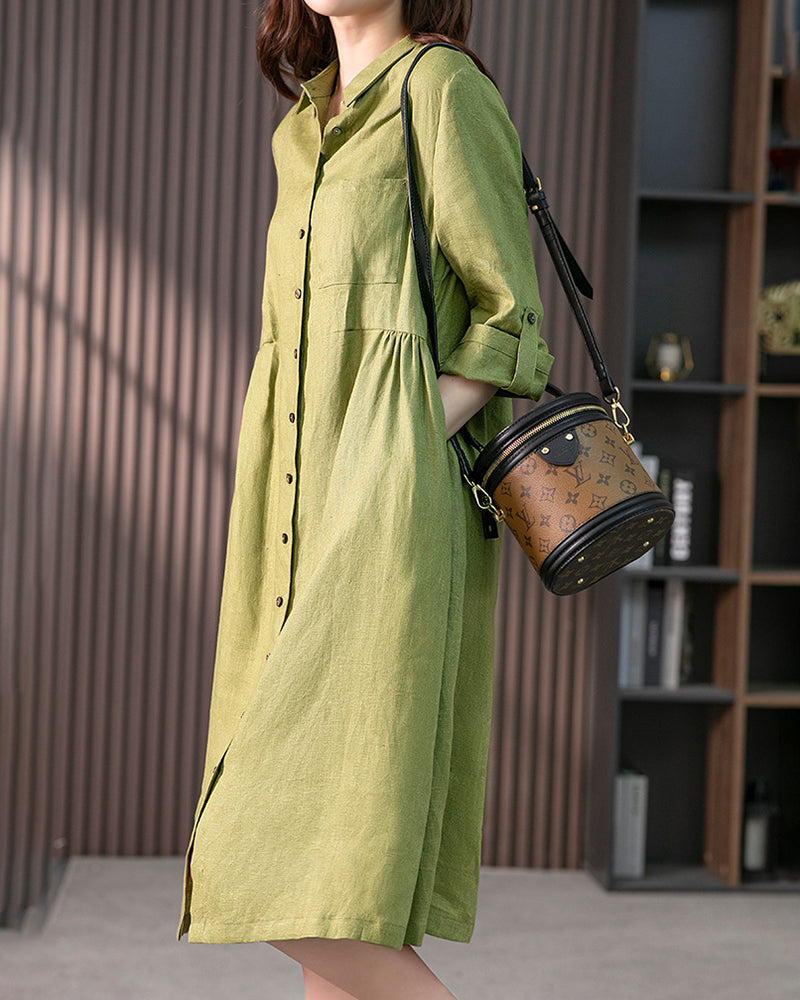 Women's Shirt Dress - Knee-Length A-Line - Lightweight Fabric - 3/4 Sleeves with Buttons