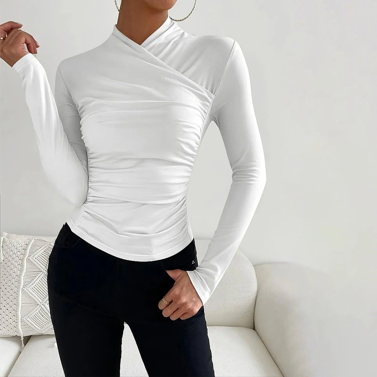 Women's Wrap Blouse - Long-Sleeved - Asymmetrical High Neck - Elegant Slim Fit
