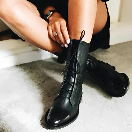 Women's Ankle Boots – Leather – Lace-Up Closure – Sleek Design – Cap Toe – Low Profile