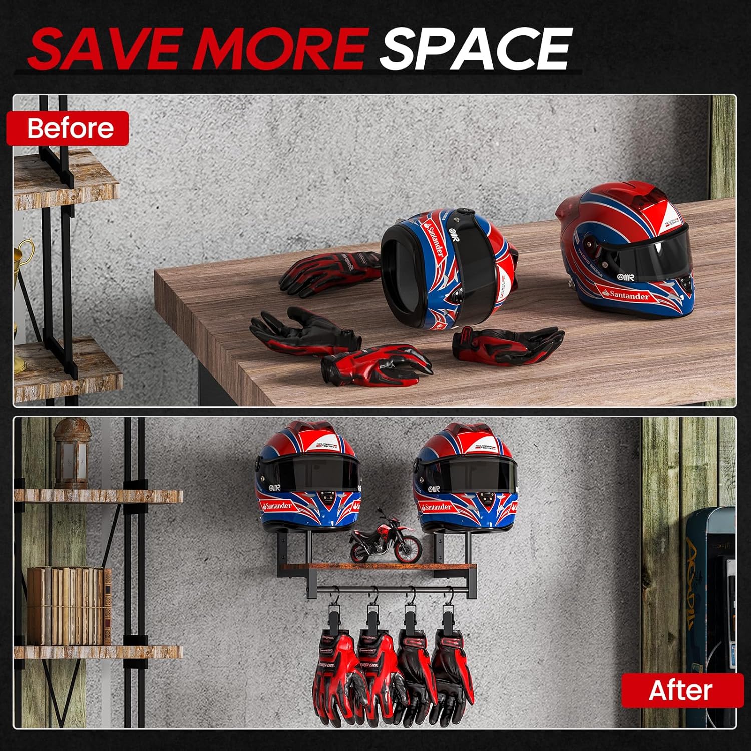 Wall-Mounted Wood Helmet Rack With Clip Hangers