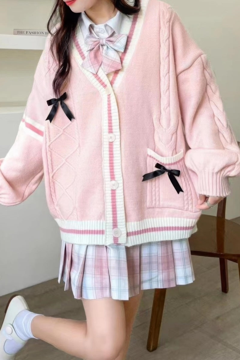Cable-Knit Bow Detail Relaxed Cardigan