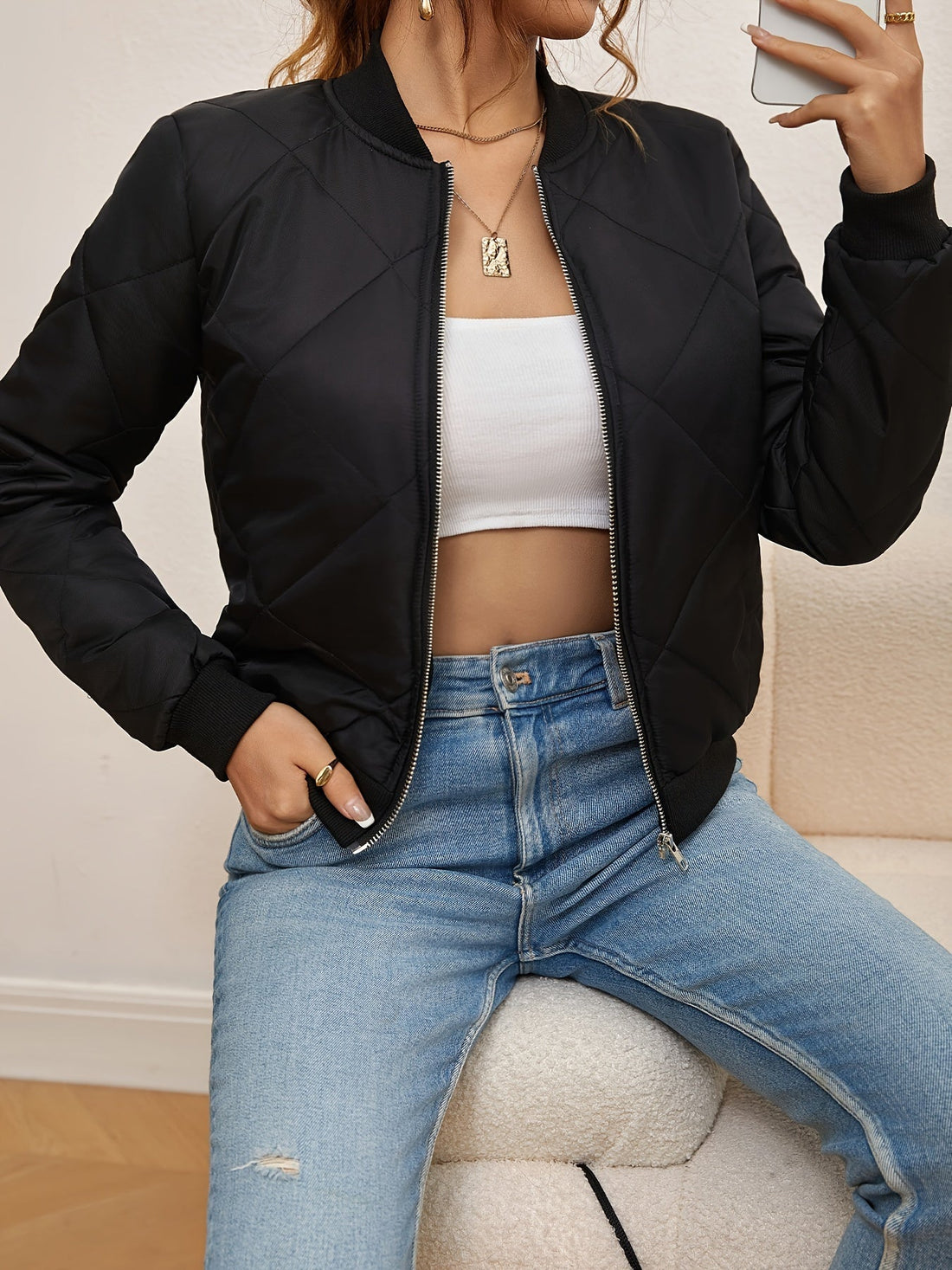 Quilted Argyle Cropped Bomber Jacket