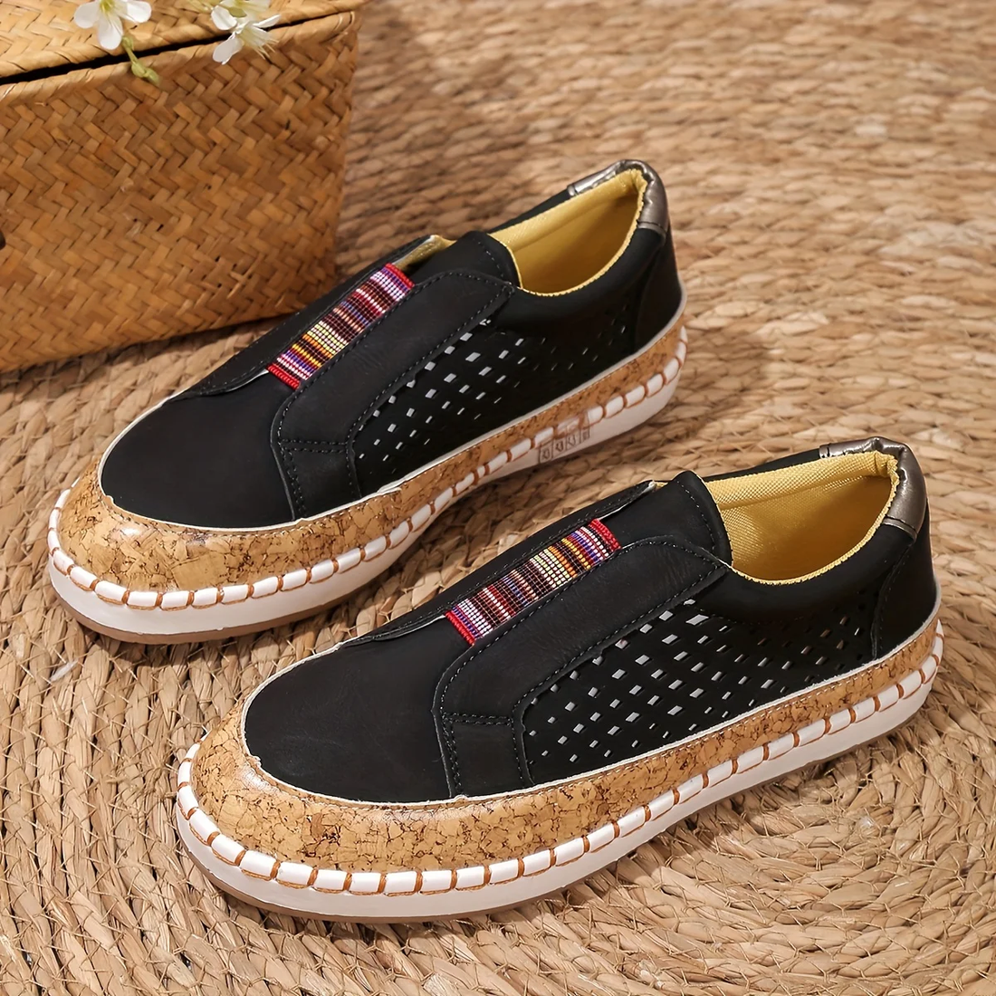 Isabella Leather Orthopedic Slip-On Loafers | Perforated Cork Sole Loafers