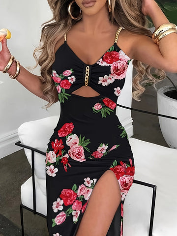 Floral Cut-Out Chain Strap Bodycon Dress