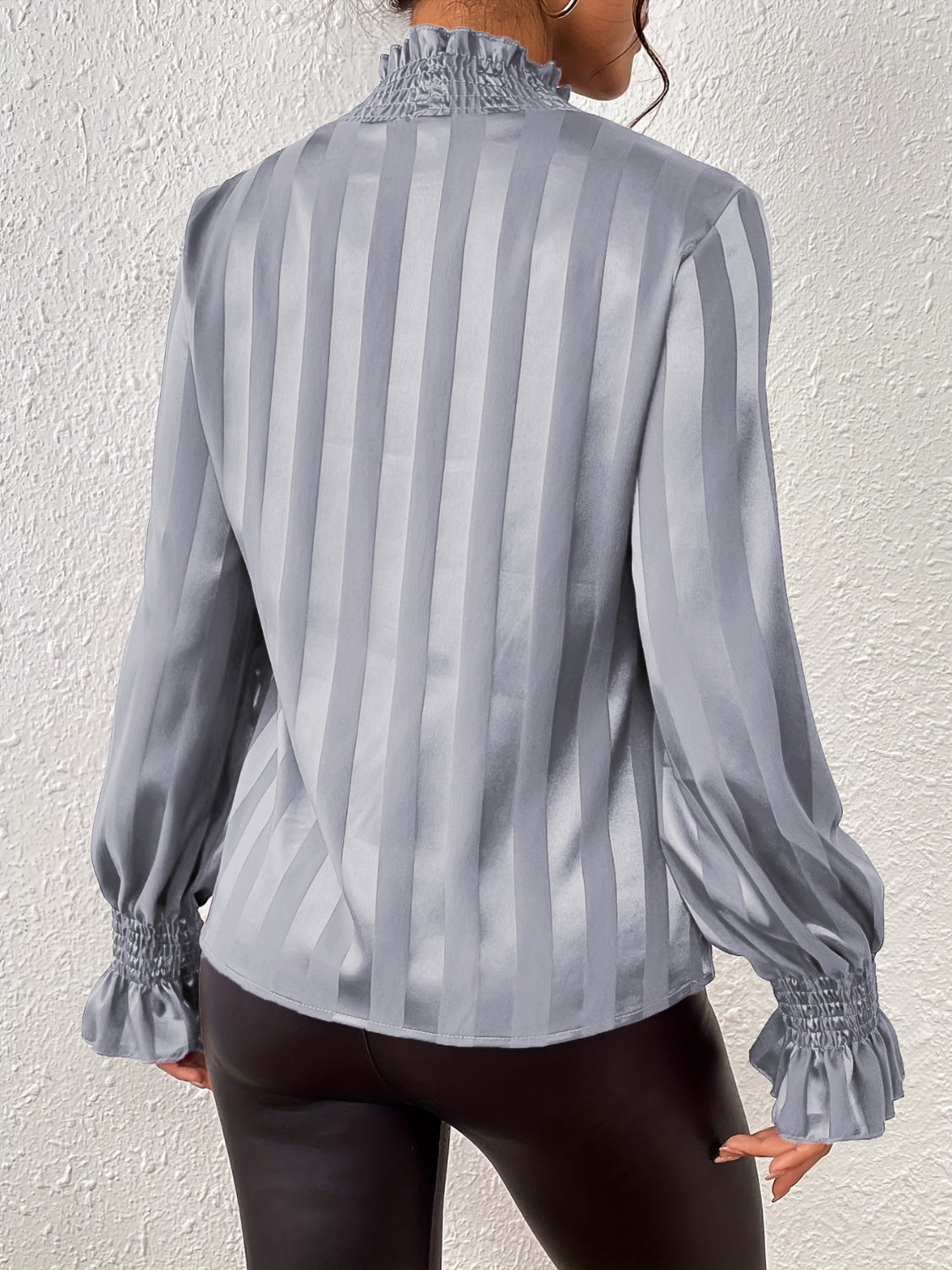 Women's Blouse - High Ruffle Collar - Long-Sleeved Smock Cuff - Glossy Satin Look