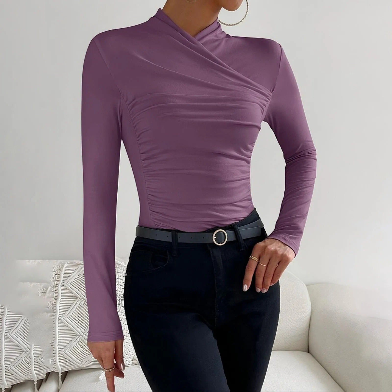 Women's Wrap Blouse - Long-Sleeved - Asymmetrical High Neck - Elegant Slim Fit