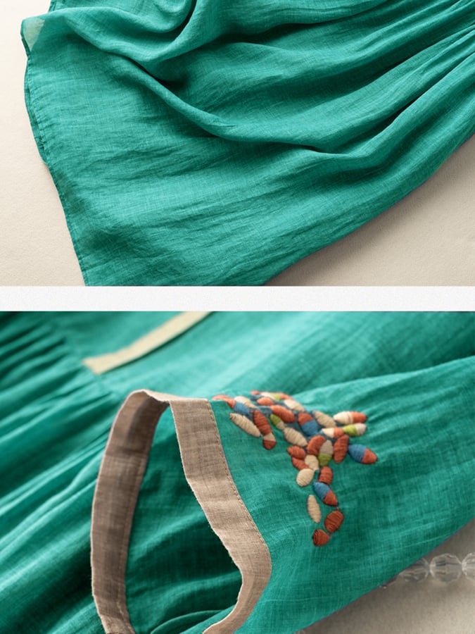 Women's Dress - Embroidered Cotton and Linen - Loose Fit - Button Closure - 3/4 Sleeves