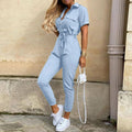 Women's Jumpsuit - Utility Style - Button Closure - Waist Tie - Short Sleeves