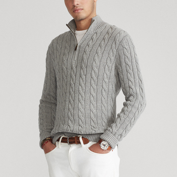 Herresweater med halv lynlås – Kabelstrik – Bomuldsblanding – Regular fit – Ribkanter