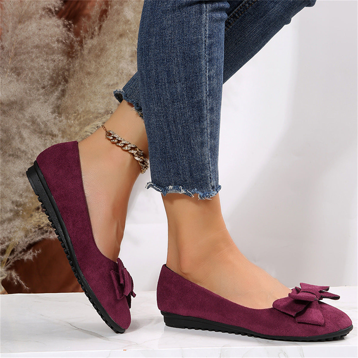 Women's Ballerina Shoes – Suede – Bow – Round Toe – Slip-on Comfort