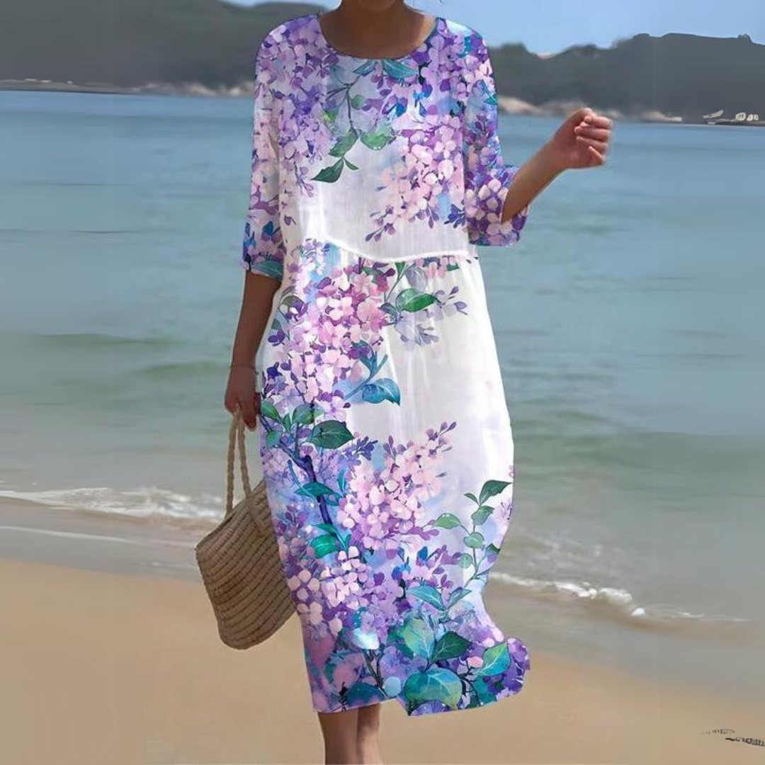 Women's Dress - Floral Midi - Light And Airy - 3/4 Sleeves - Round Neck
