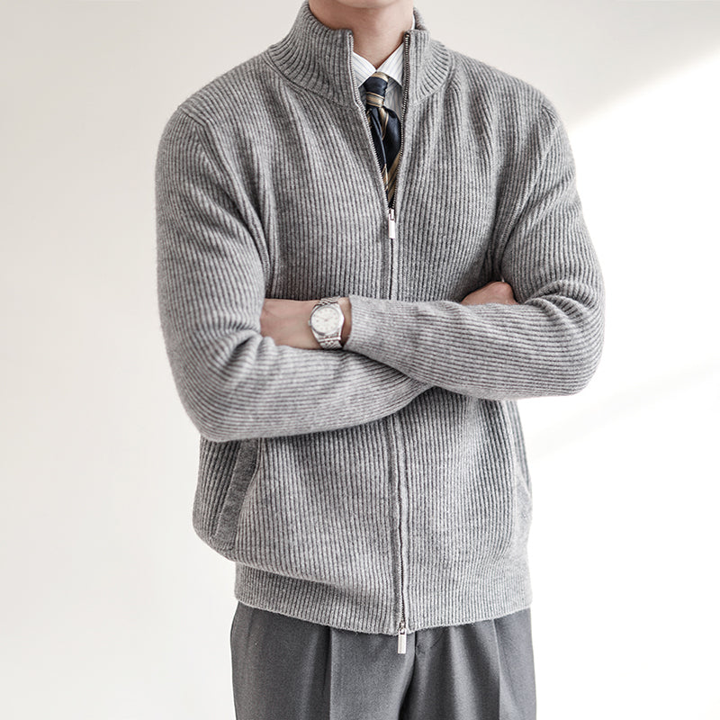 Men's Cardigan – Slim Fit – Wool Blend with Rib Structure – Zipper and High Collar