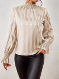 Women's Blouse - High Ruffle Collar - Long-Sleeved Smock Cuff - Glossy Satin Look