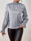 Women's Blouse - High Ruffle Collar - Long-Sleeved Smock Cuff - Glossy Satin Look