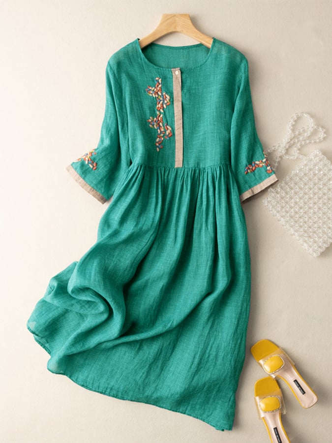 Embroidered Linen Loose Fit Dress