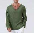 Men's T-shirt – Cotton Linen Blend – Relaxed Fit – V-neck – Long-sleeved