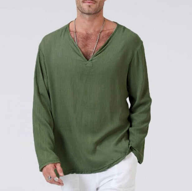 Men's T-shirt – Cotton Linen Blend – Relaxed Fit – V-neck – Long-sleeved