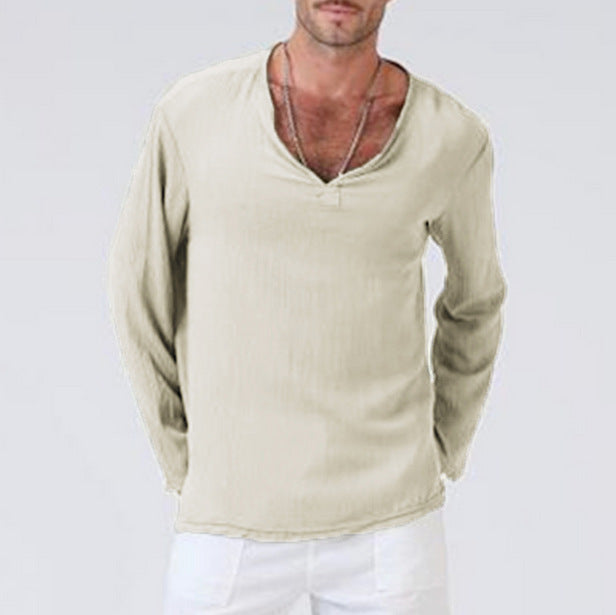 Cotton Linen Blend Relaxed V-Neck T-shirt