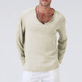 Men's T-shirt – Cotton Linen Blend – Relaxed Fit – V-neck – Long-sleeved