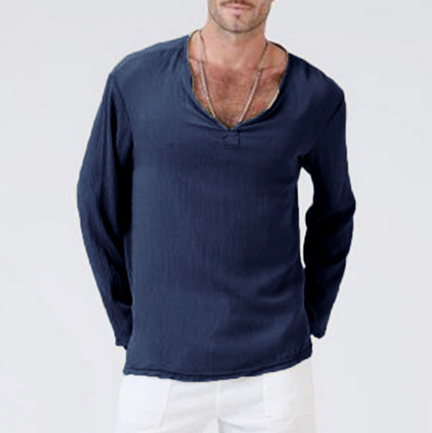 Men's T-shirt – Cotton Linen Blend – Relaxed Fit – V-neck – Long-sleeved
