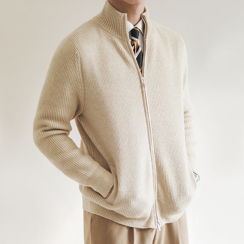 Slim Fit Wool Blend Ribbed Zipper Cardigan