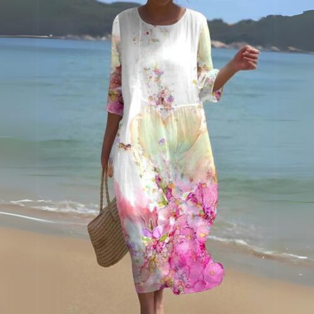 Women's Dress - Floral Midi - Light And Airy - 3/4 Sleeves - Round Neck