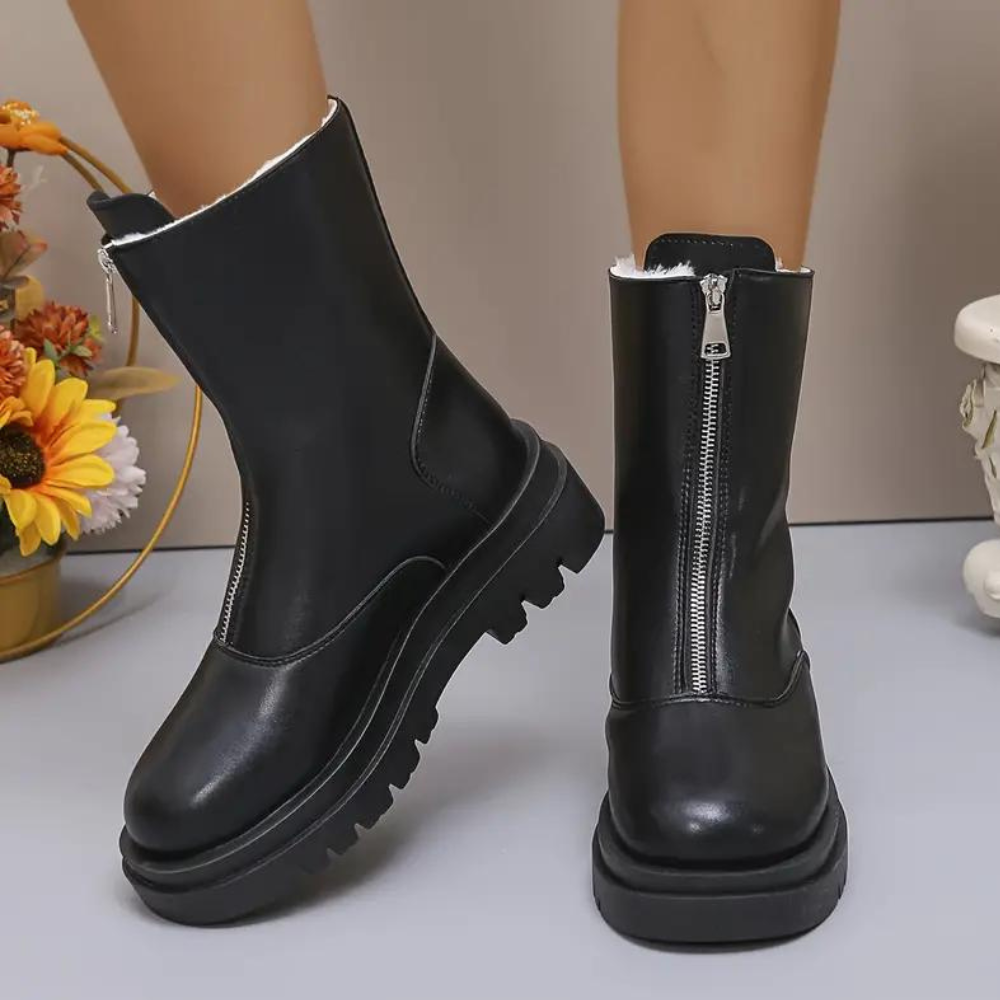 Leather Look Chunky Sole Side Zipper Ankle Boots