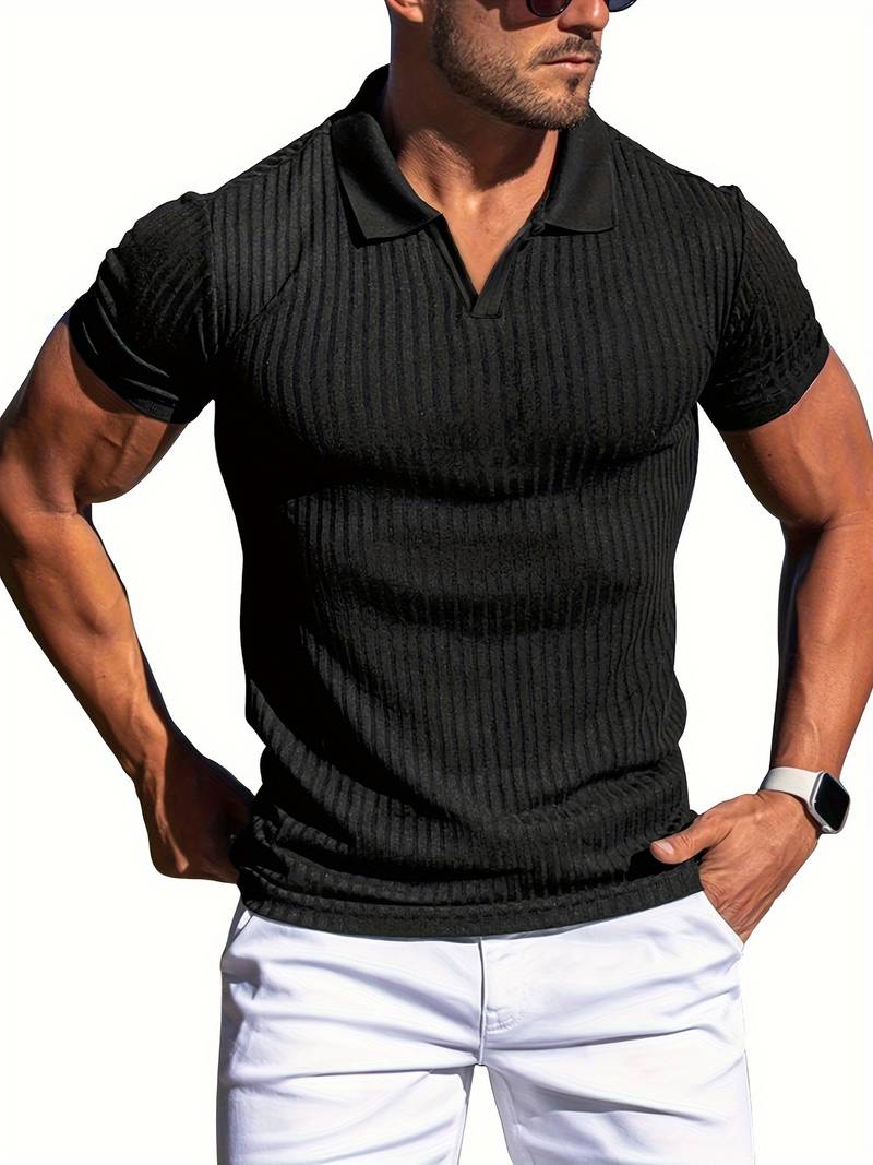 Ribbed Knit Slim Fit Short-Sleeved Polo Shirt