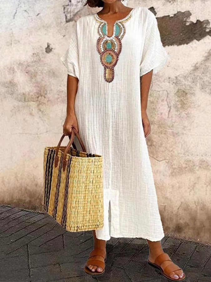 Embroidered Crinkled Cotton Kaftan Dress