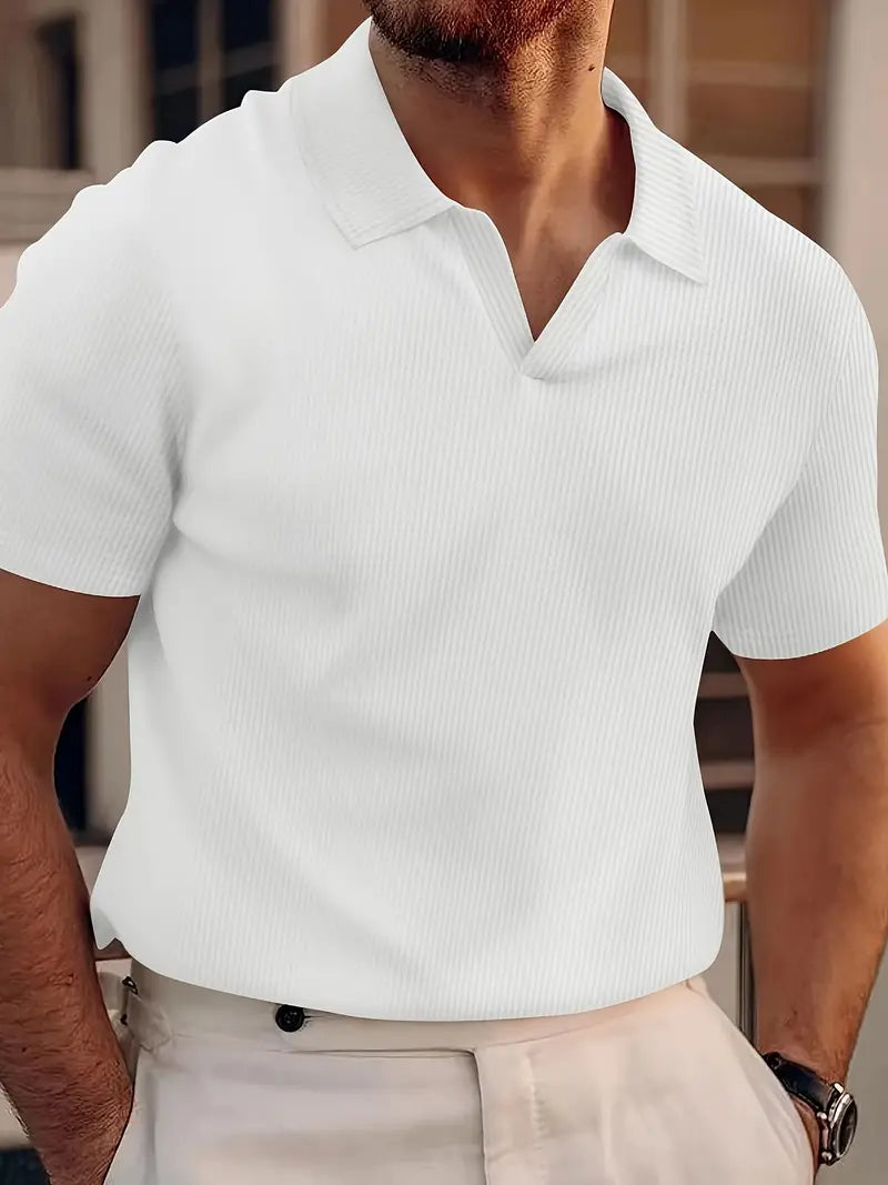 Men's Polo T-Shirt - Ribbed Knit - Short Sleeves - V-Neck - Comfortable & Stylish