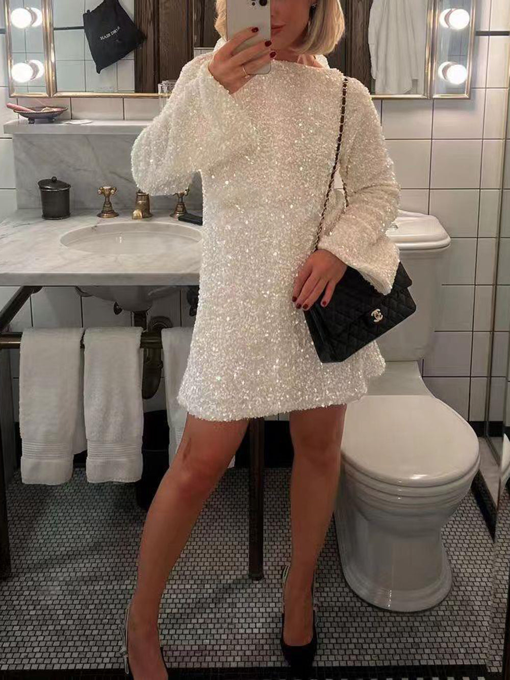 Women's Mini Dress - Sequins - Open Back with Bow - Long-Sleeved Party Dress