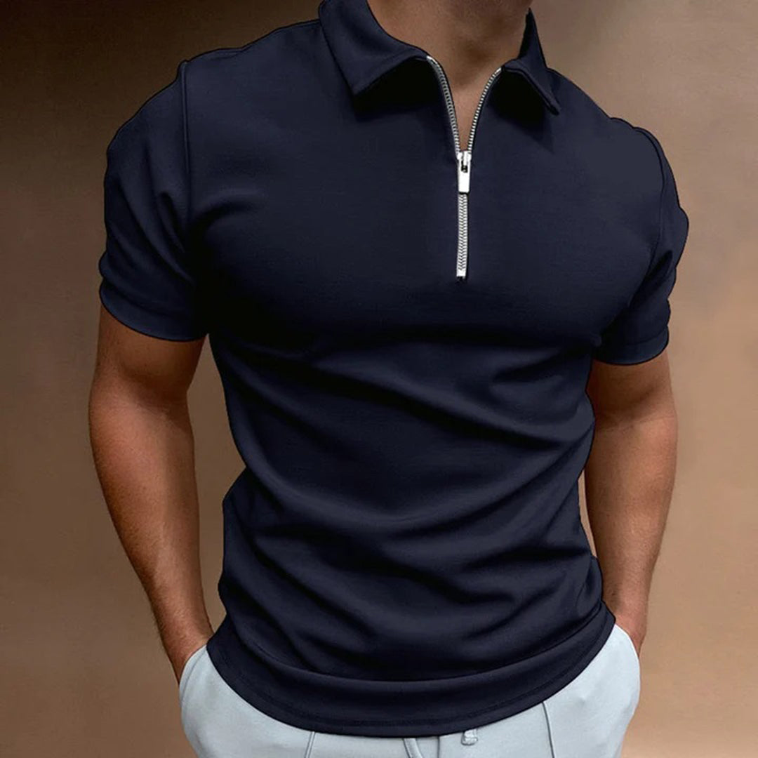 Men's Polo Shirt - Short Sleeved - Zip Collar - Slim Fit - Modern Casual Look