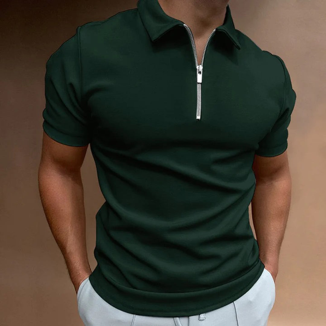 Men's Polo Shirt - Short Sleeved - Zip Collar - Slim Fit - Modern Casual Look