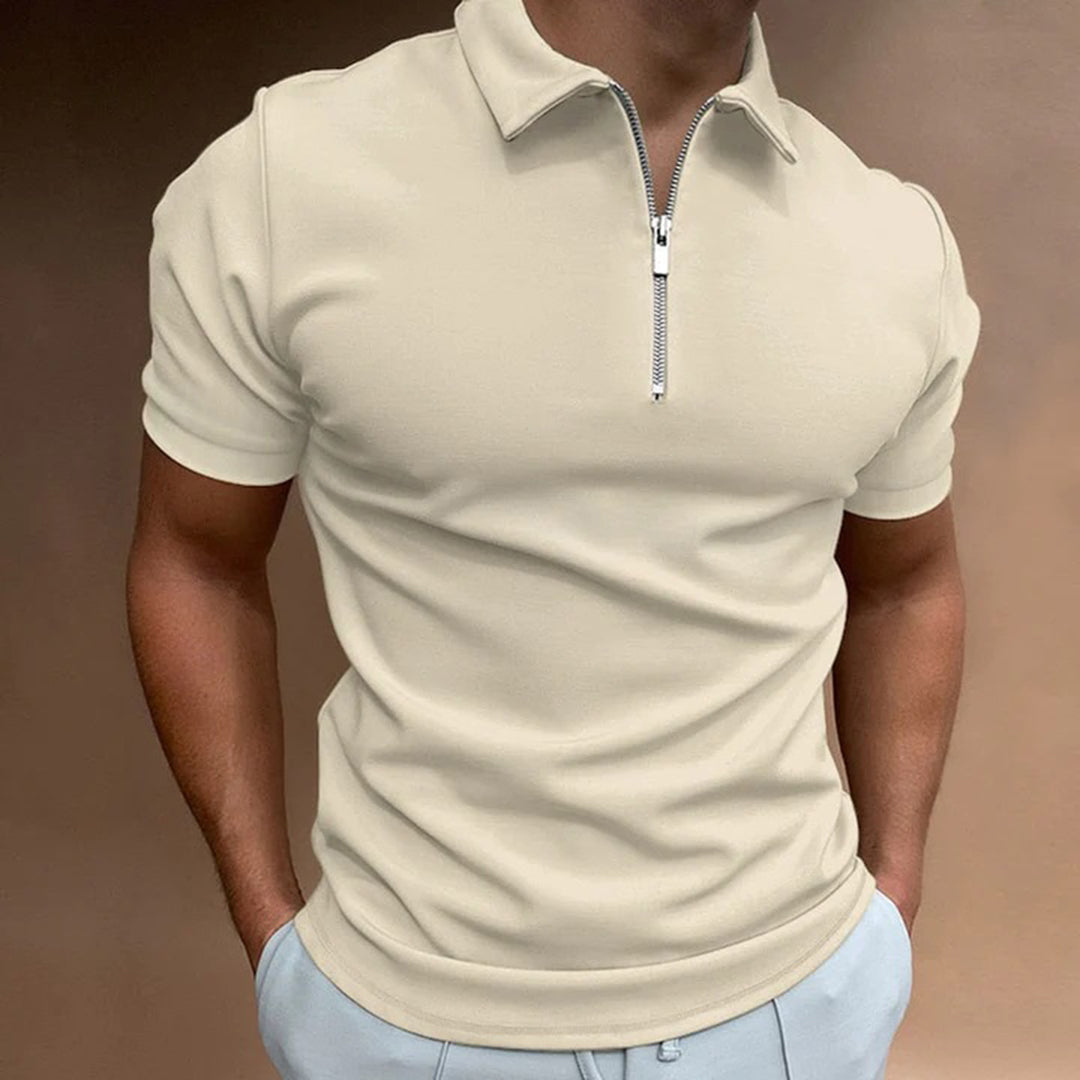 Men's Polo Shirt - Short Sleeved - Zip Collar - Slim Fit - Modern Casual Look