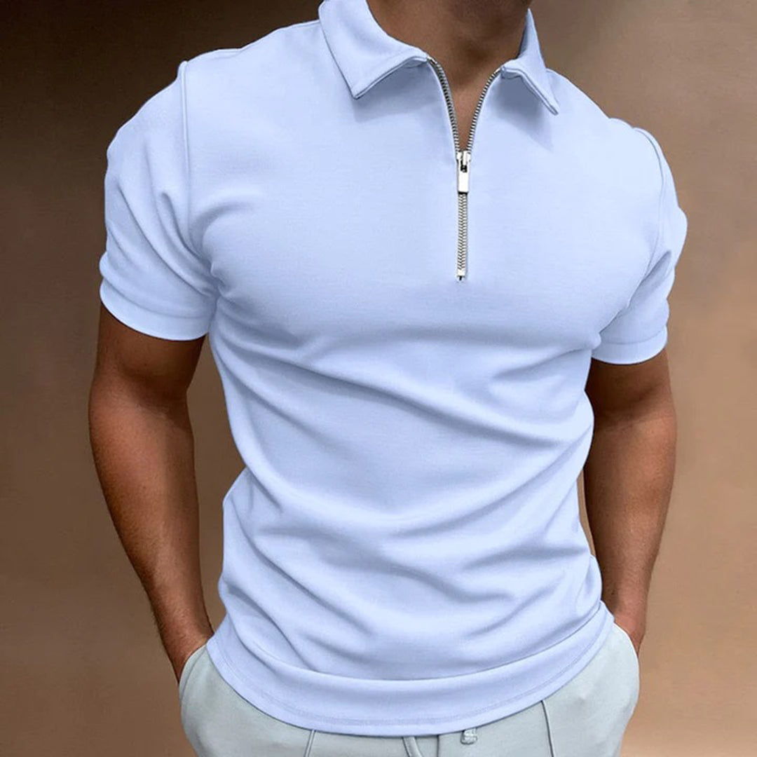 Men's Polo Shirt - Short Sleeved - Zip Collar - Slim Fit - Modern Casual Look