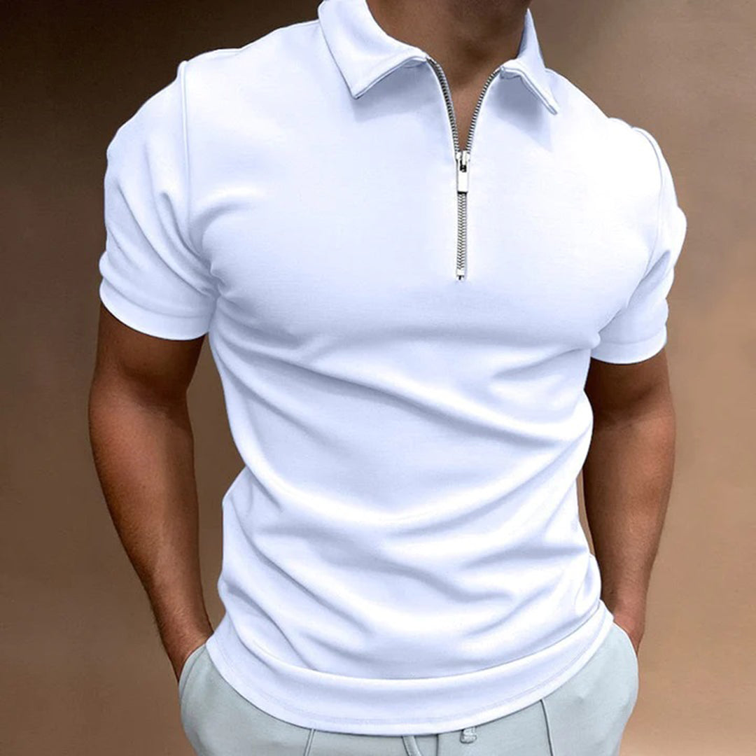 Men's Polo Shirt - Short Sleeved - Zip Collar - Slim Fit - Modern Casual Look