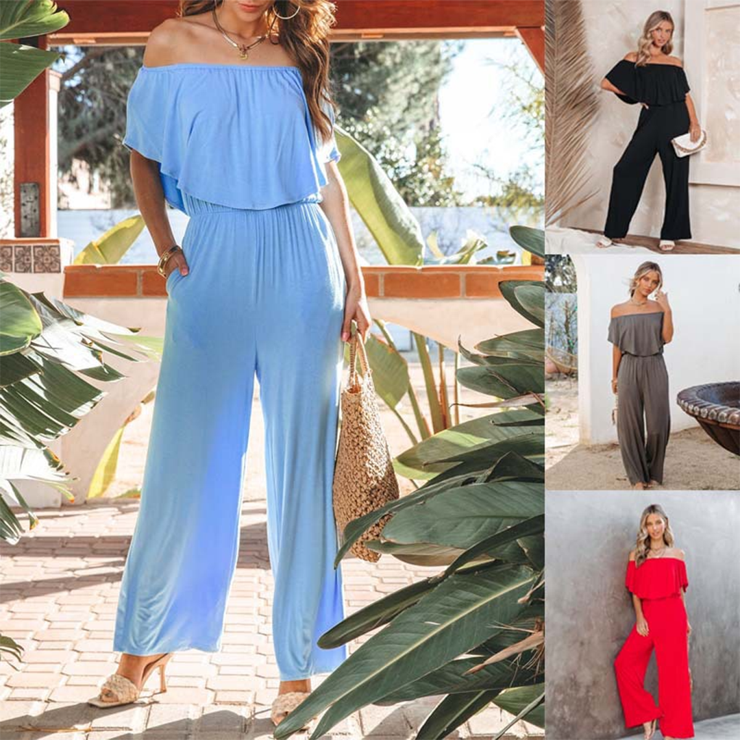Women's Jumpsuit - Off-Shoulder - Elastic Waist - Wide Legs - Light and Breathable