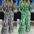 Women's Jumpsuit - Wide Pant Legs - V-neck - Waistband - Short Sleeve - Bohemian Look