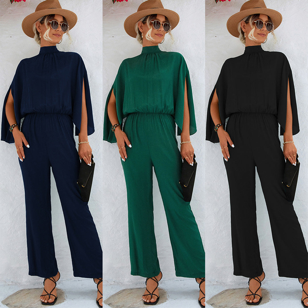 Women's Jumpsuit – High Neck – Slit Cape Sleeves – Fitted Waist – Wide Legs