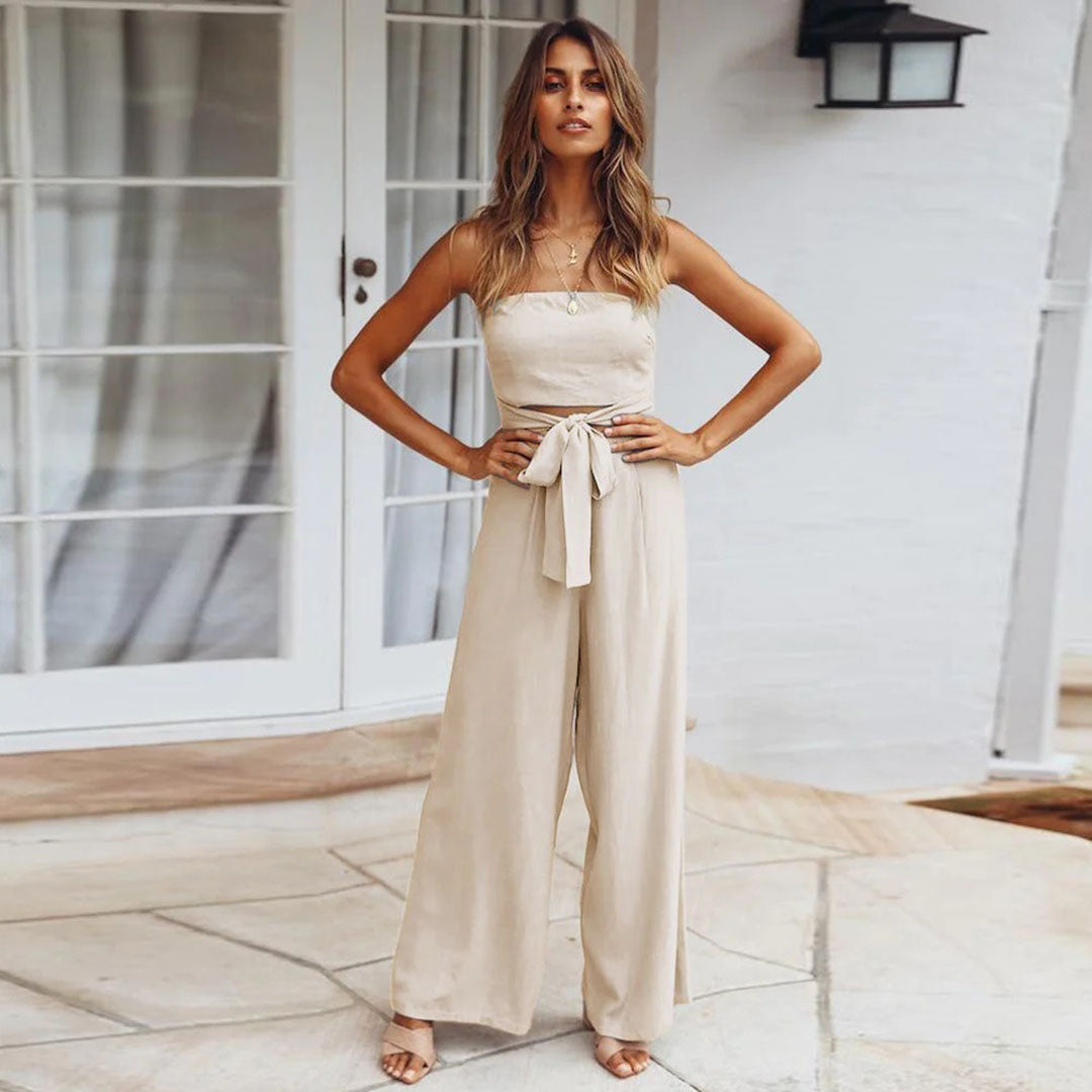 Women's Jumpsuit - Strapless - Waistband - Wide Leg Width - Elegant and Comfortable