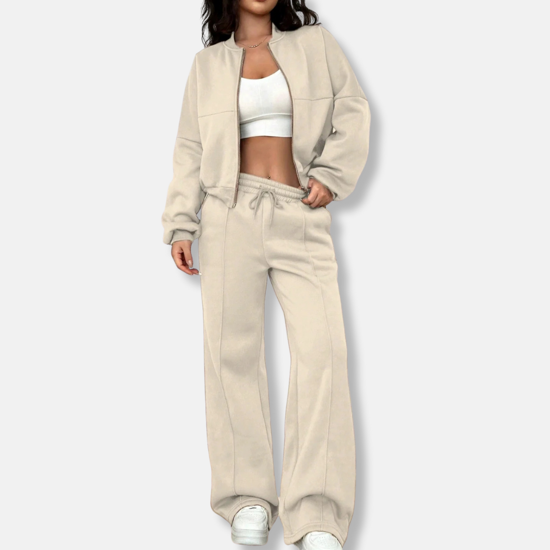Two-Piece High-Waisted Wide-Leg Bomber Loungewear Set