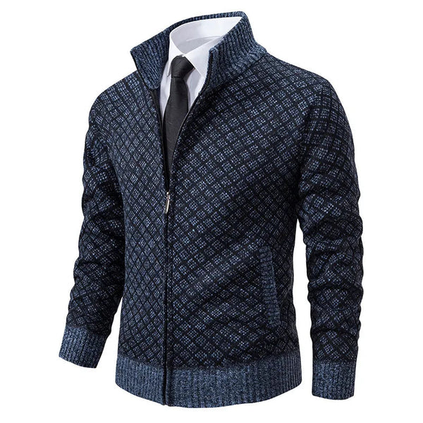 Men's Cardigan - Zipper & High Collar - Knitted with Pattern - Ribbed Edges & Front Pockets
