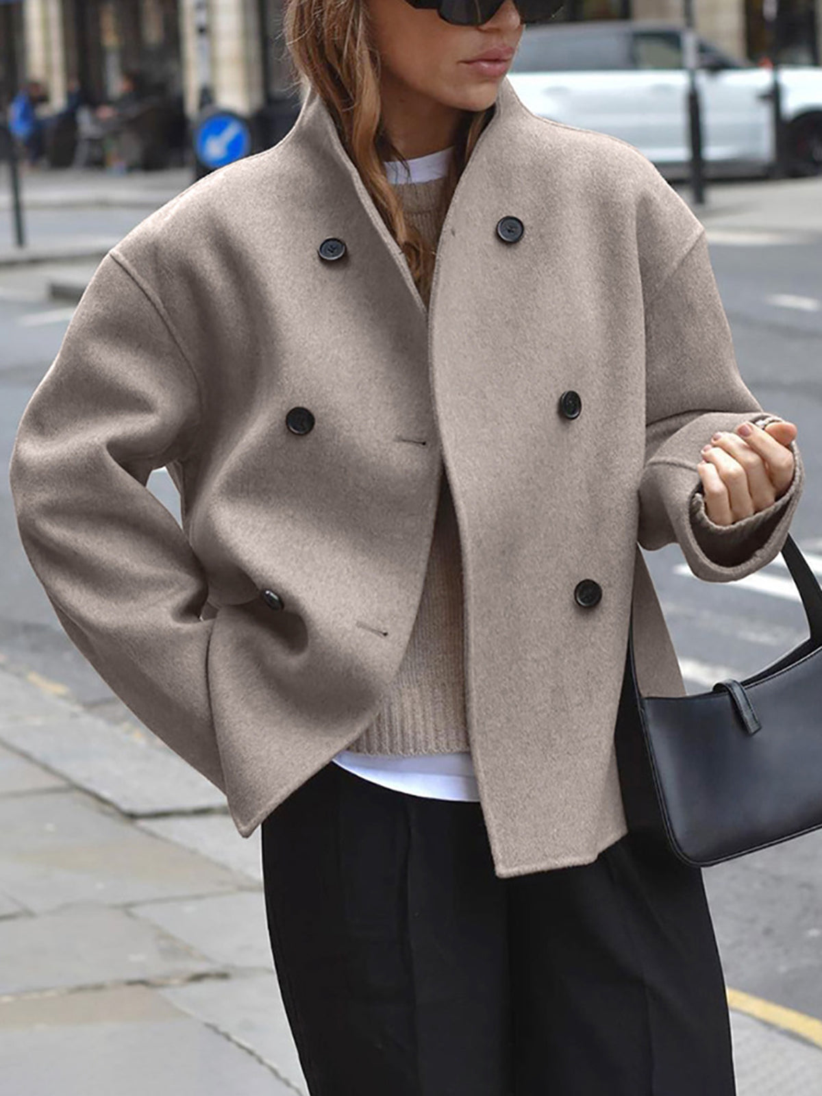 Wool Double-Breasted Stand-Up Collar Jacket