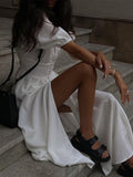 Women's Maxi Dress - V-Neck - Buttons - Short Puff Sleeves - Fitted Waist