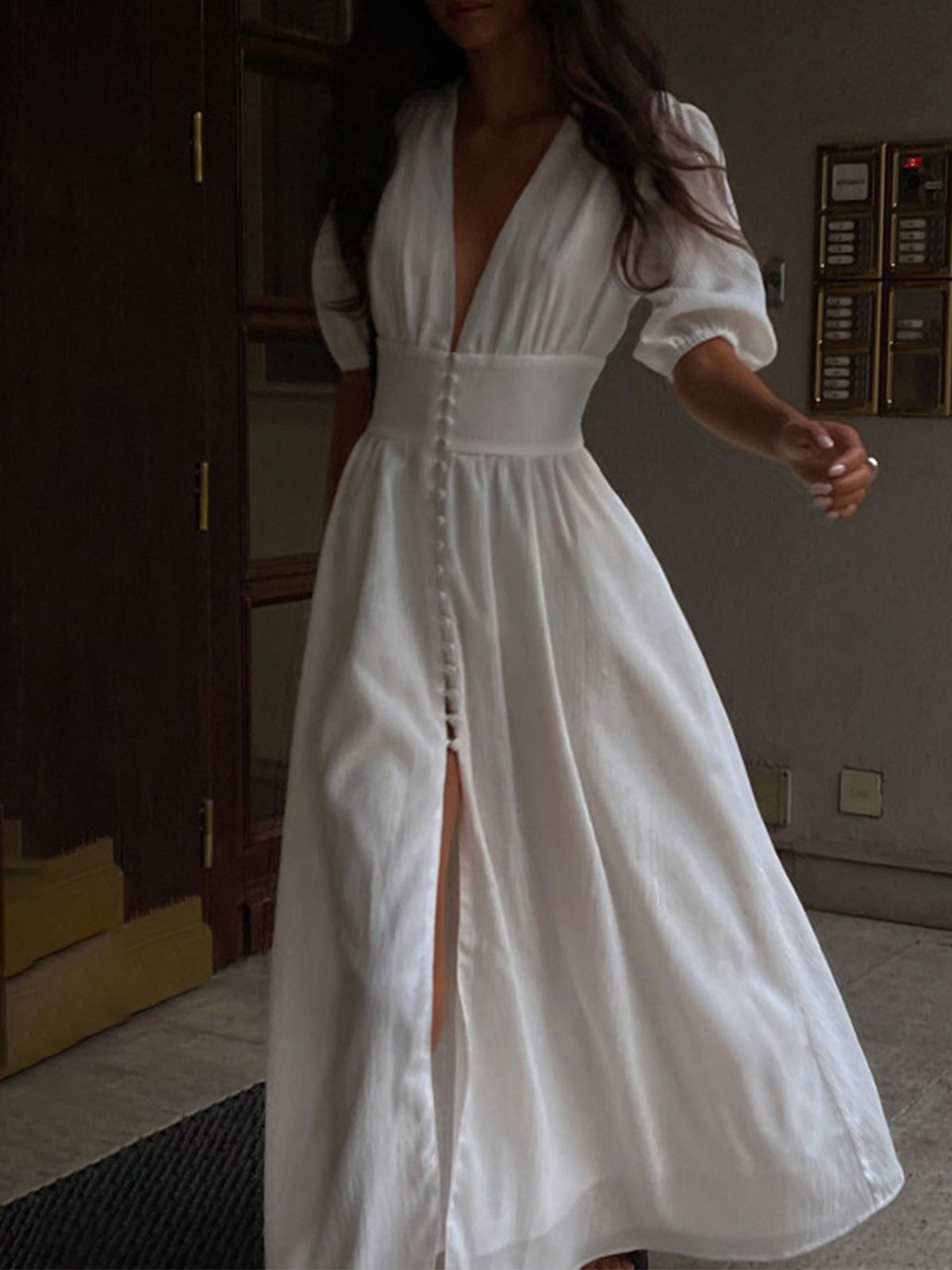 Women's Maxi Dress - V-Neck - Buttons - Short Puff Sleeves - Fitted Waist