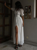 Women's Maxi Dress - V-Neck - Buttons - Short Puff Sleeves - Fitted Waist
